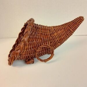 Small Whicker Cornucopia Basket Vintage Dark Brown Thanksgiving Horn Of Plenty